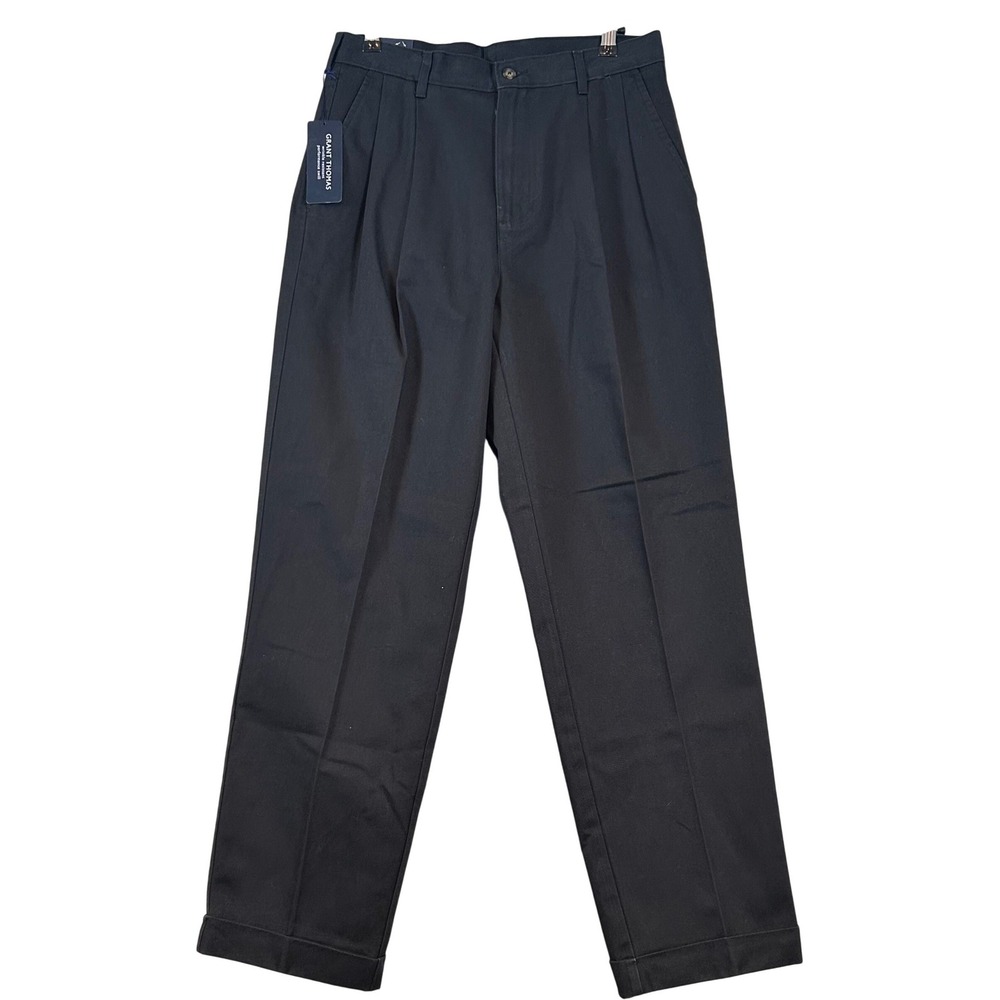 NWT Grant Thomas Mens Pleated Cotton Dress Pant Black 30x30 Trousers Chino Khaki